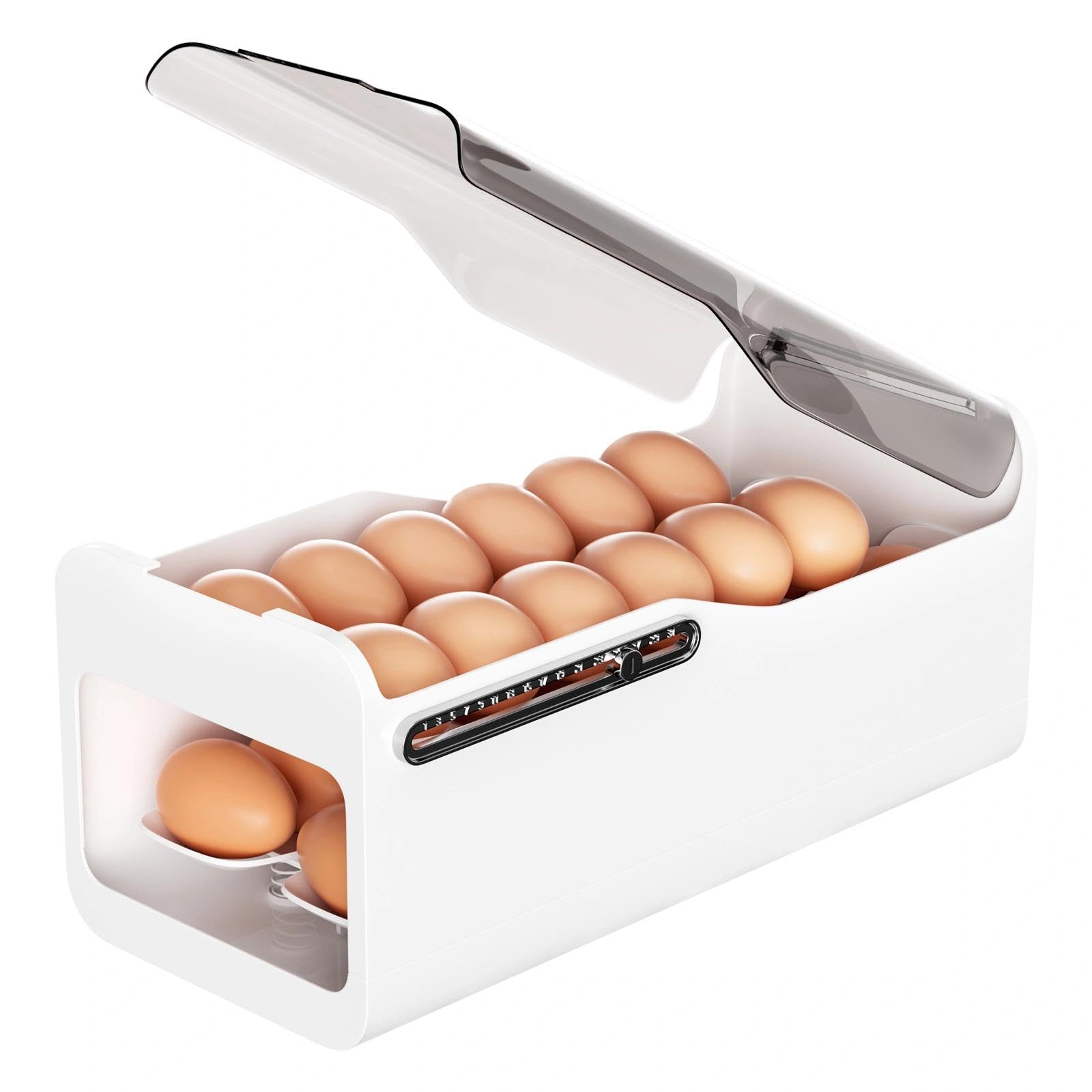 2 Niveaux Rangement Oeuf, Distributeur Oeuf Peu Encombrant, Boite a Oeufs en Plastique à Roulement Automatique, Distributeur Automatique d'Œufs(Capacité 28 Œufs, Blanc)