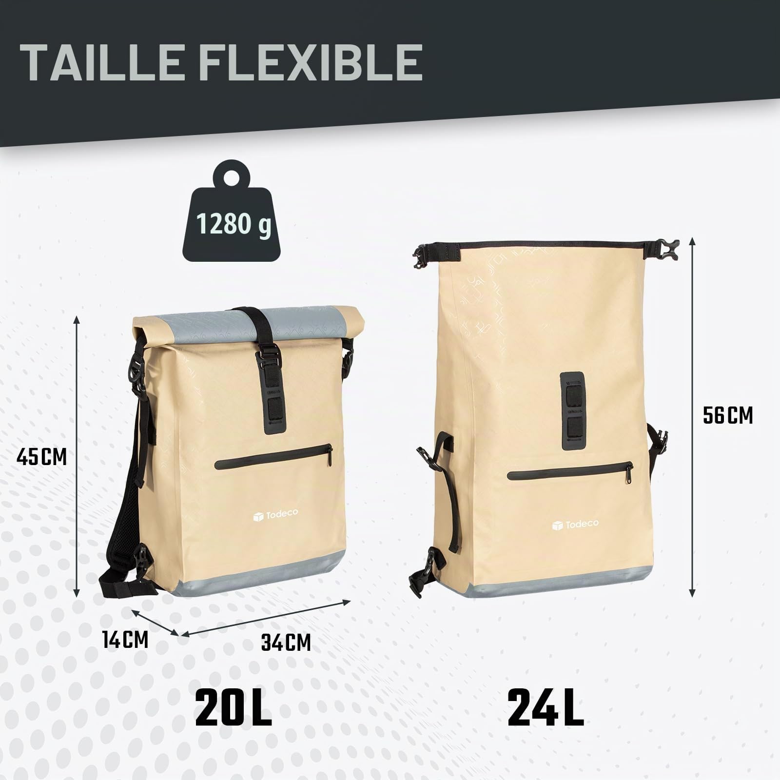 Todeco Sac à Dos de Vélo Sacoches de vélo pour Porte-Bagages 20L Beige | Sac à Dos étanche et Sacoche Bandoulière, Imperméable & Réfléchissante, Compartiment Ordinateur