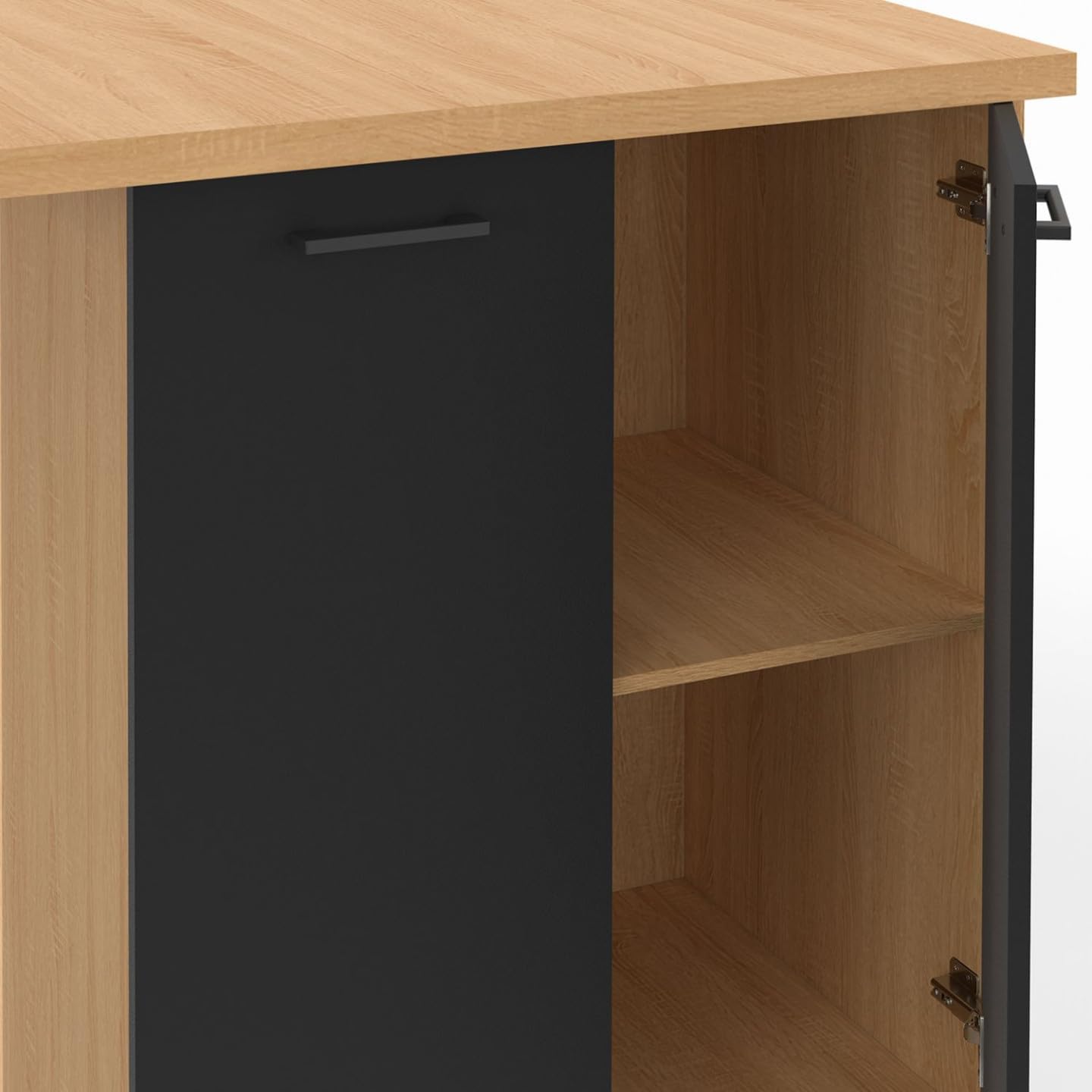 IDMarket - Ilot Central IVO 100 cm Bois façon hêtre Portes Noires avec Plan de Travail