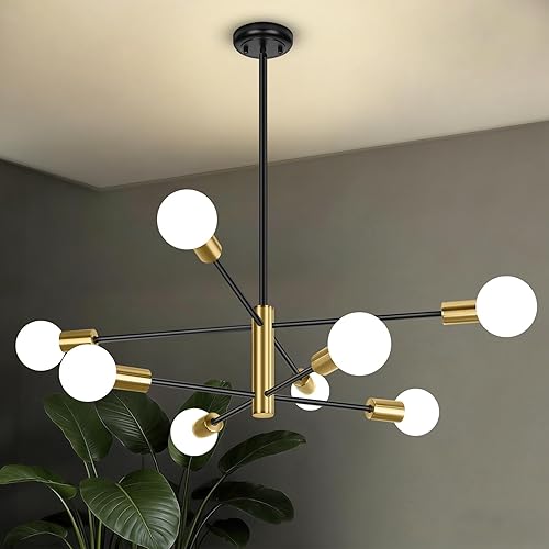 BesLowe Candelabro Sputnik moderno de 31 pulgadas, 8 luces, lámparas de araña de mediados de siglo, color negro y dorado, lámpara colgante de techo