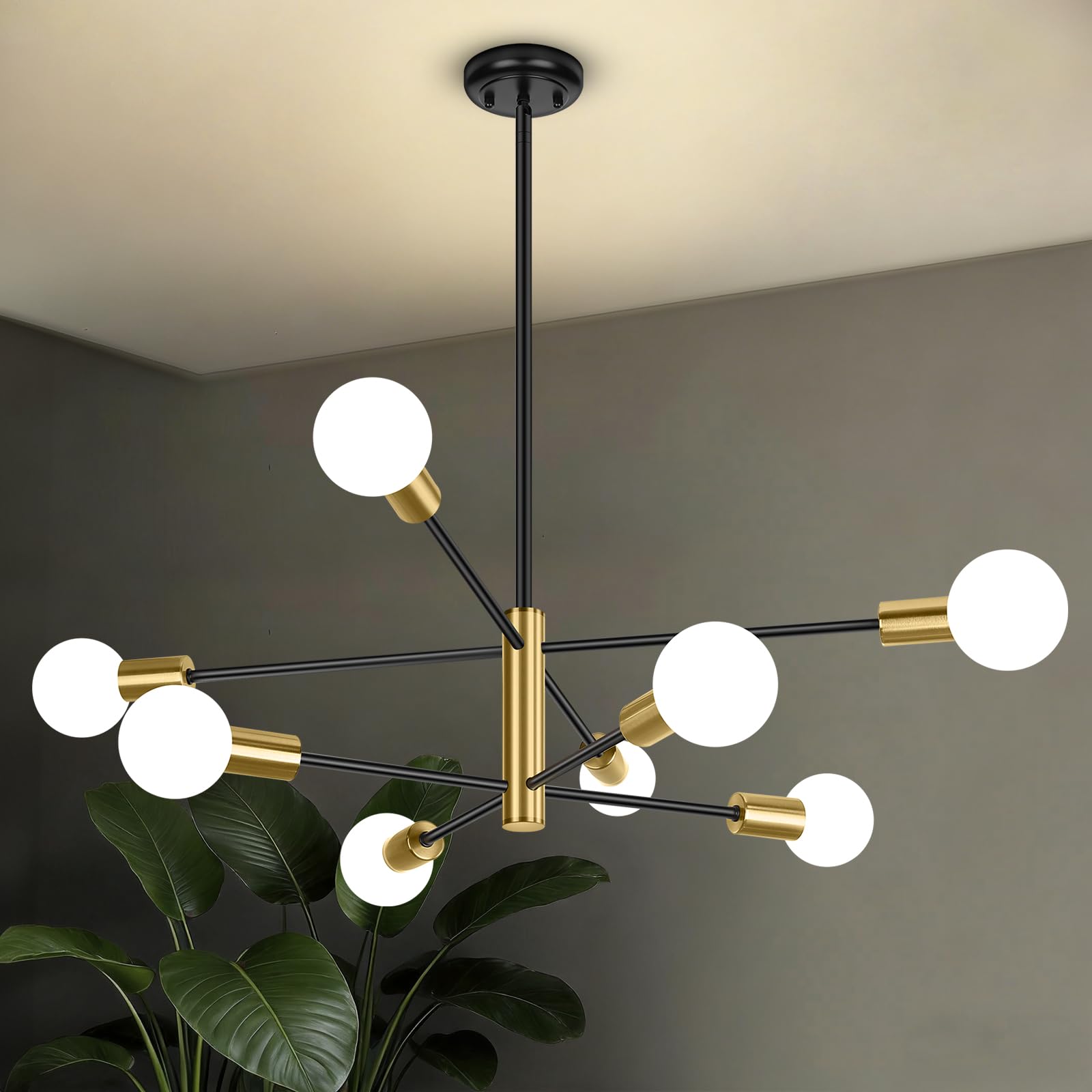Photo 1 of BesLowe 31‘’ 8-Light Modern Sputnik Chandelier, Mid Century Black & Gold Chandeliers Lighting, Farmhouse Ceiling Hanging Light Fixture for Dining Room Bedroom Room Kitchen Foyer, Height Adjustable