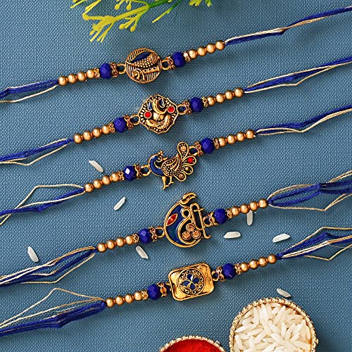 Image of eCraftIndia Set of 5 Rakhi for Brother With Chocolate | Shri Lord Ganesha Peacock Flute Floral Religious Rakhis, Zuzy Almond Chocolate Box, Rakhi with Chocolate Gift | Roli Chawal Pack