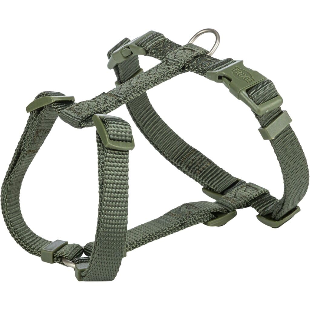 Trixie - Arnés Premium para Perros, Talla S–M (42–60 cm), Oliva-Verde, Nylon de Alta Resistencia, Triple Ajuste Ergonómico (Cuello, Pectoral y Abdomen), Seguro y Ajustable