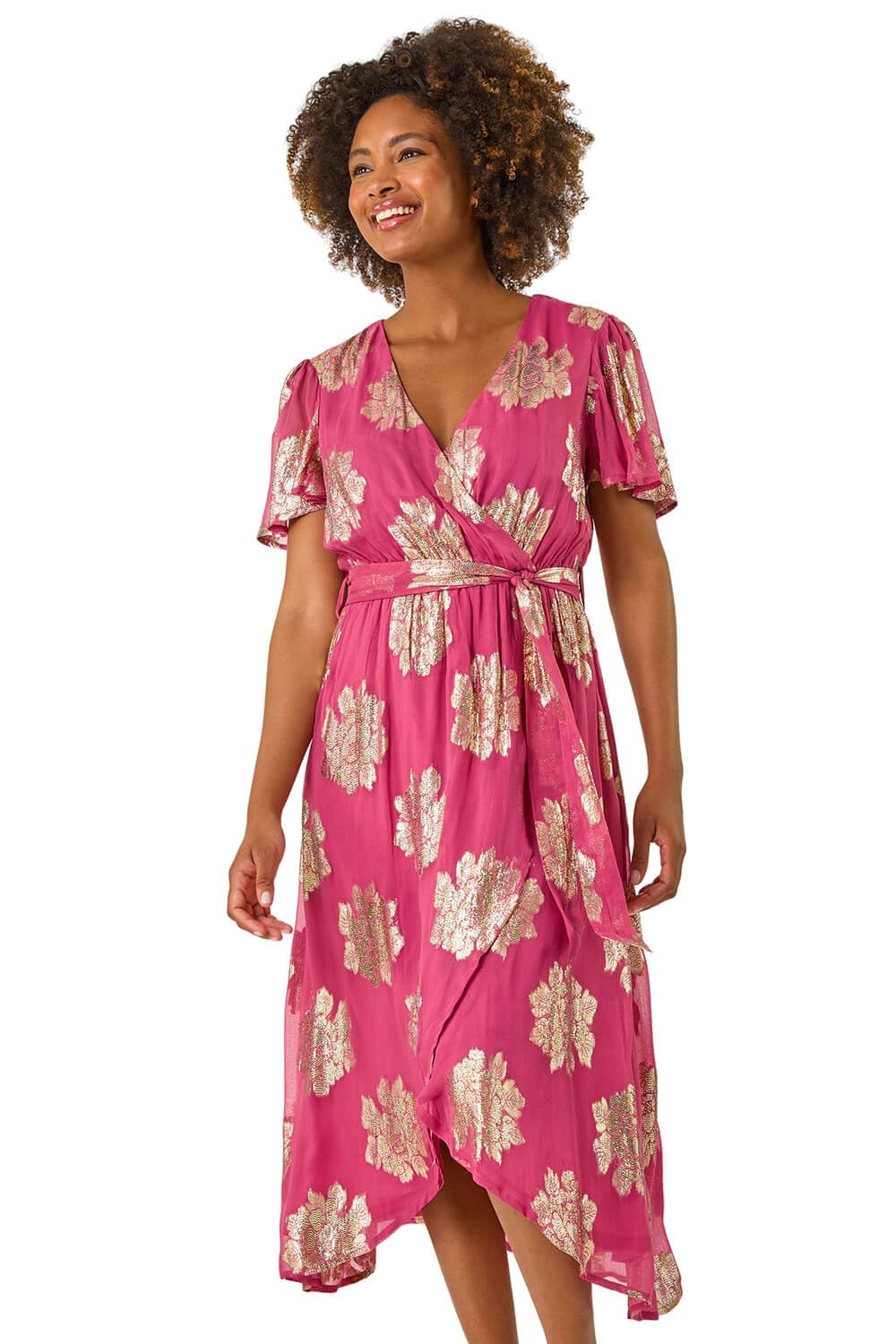 Roman Originals Wrap Tea Dress for Women UK Ladies Fit Flare Skater Swing Stretch Frill Long Sleeve Summer Evening Cocktail Party Work Office Casual Knee Length Midi - Pink Jacquard - Size 16