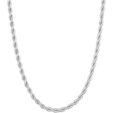 sovesi Rope Chains for Men, 2.5/3mm Silver Tone Twist Necklace Chain, Stainless Steel Mens Necklace Jewelry Gift