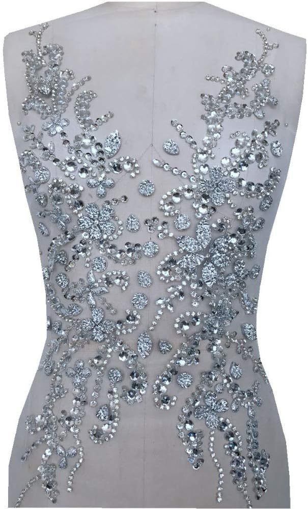 Zbroh Rhinestone Patches Handmade Trim sew on Stones Applique for Wedding Dress Hecho a Mano de apliques, parches en Malla para accesorios (Silver)
