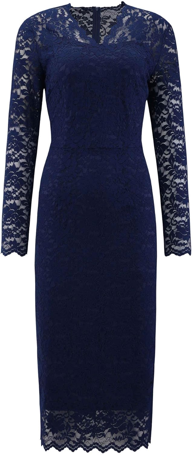 Women's Floral Lace Dress V Neck Long Sleeve Cocktail Wedding Bodycon Pencil Dresses