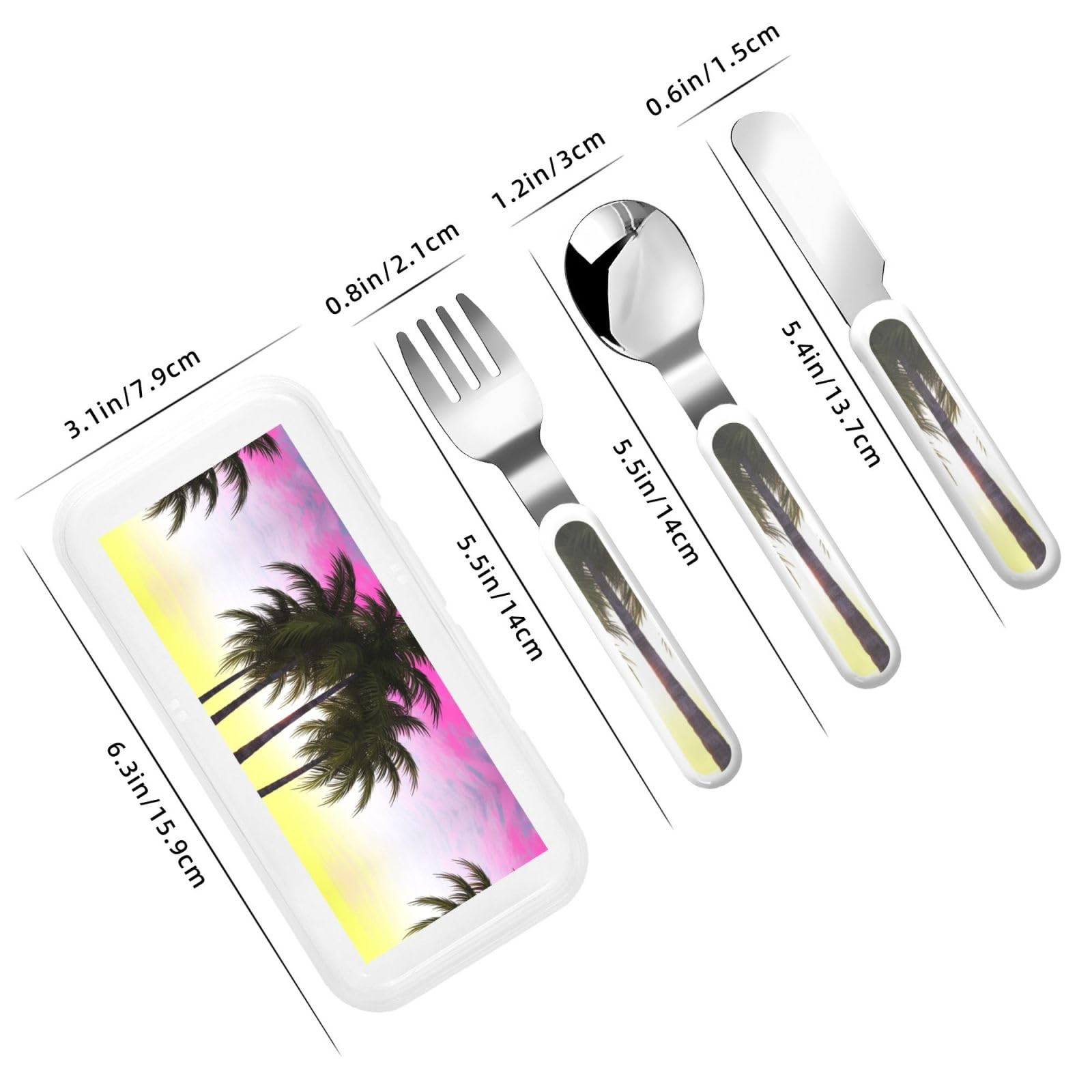 Stainless Steel Kids Silverware Set, Tropical Palm Tree Utensil Set Reusable Children Safe Knife Spoon Fork Set With Storage Case Dishwasher Safe For Lunch, Travel Outdoors