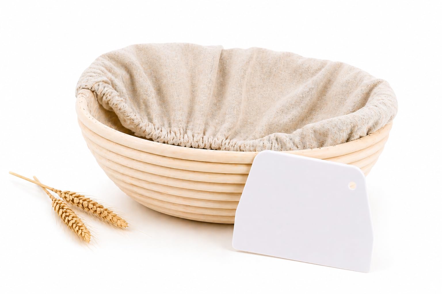 MiraFolk Round Rattan Basket with Linen Lining, Dough Scraper Baking Accessories – Banneton Proofing Basket Dough Mixer Baking Kit – Natural Food-Grade Bread Bin for Artisanal Bread