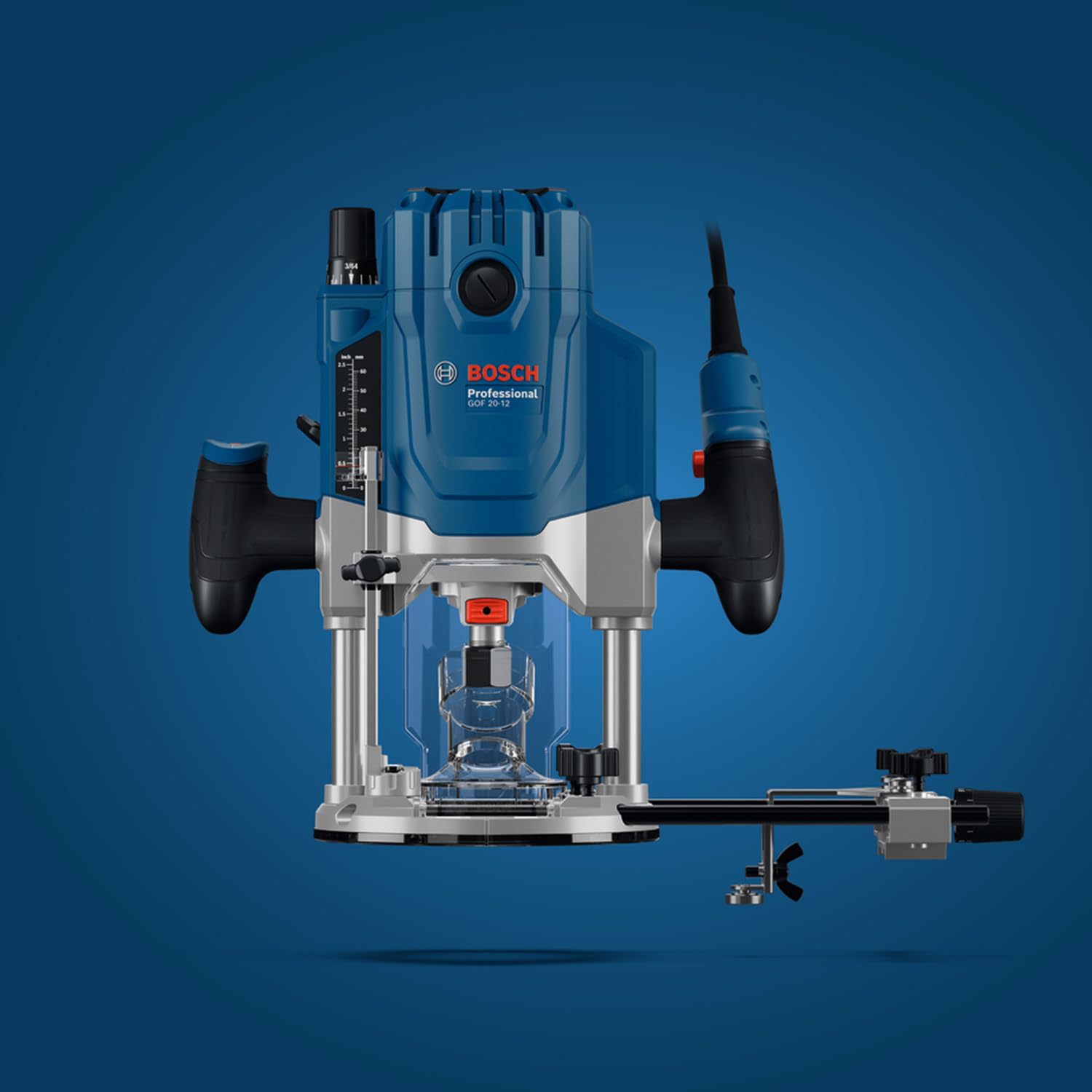 Bosch Professional fresadora con cable GOF 20-12 (potencia de 2000 W, incl., guía paralela, pasador de centrado, llave de vaso de 17/24 mm, set de pinzas, guía de plantilla de 17 mm, en L-BOXX)