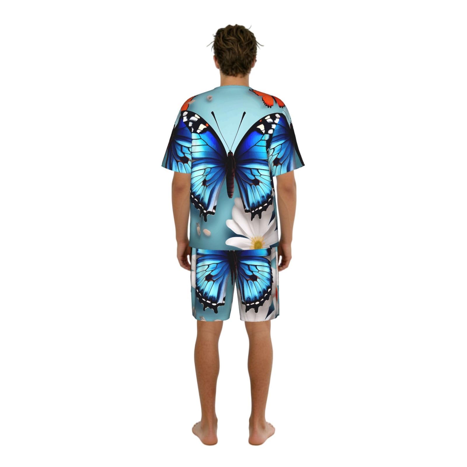 Conjunto de pijama clásico para hombre, estampado de mariposas y flores, pantalones cortos de pijama suaves para hombre, perfecto para las noches de verano