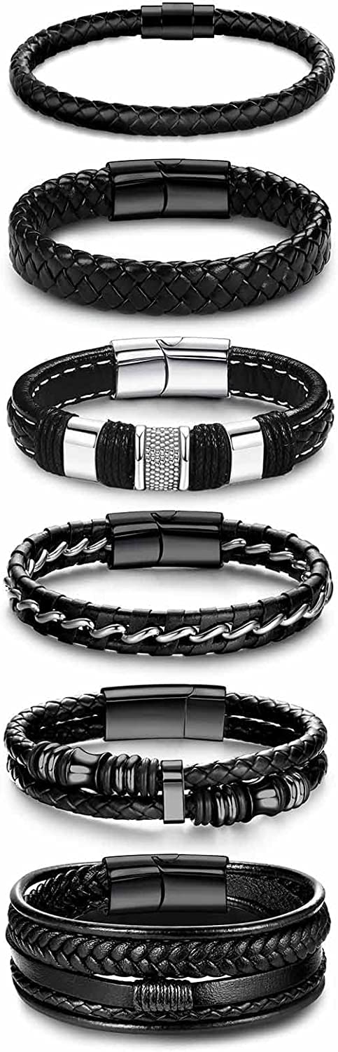 希少 AFFA PEEL&LIFT STUDS LEATHER BRACELET Adramata 6 Pcs Black Leather Bracelet for Men Women Stainless