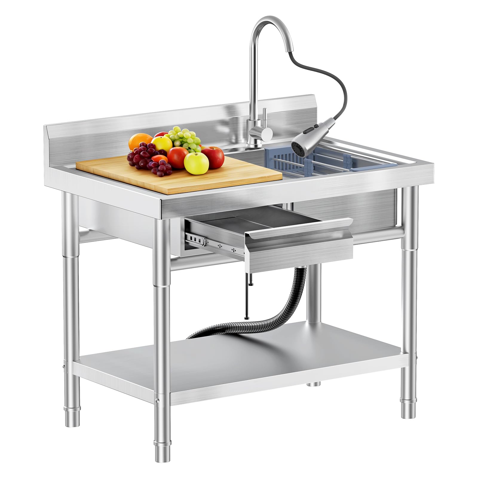 Lavello da cucina industriale con banco da lavoro e Der 100x55x80cm tavolo in acciaio inless con rubinetto a 360 ° lavaggio esterno t per giardino Hospitali Ga