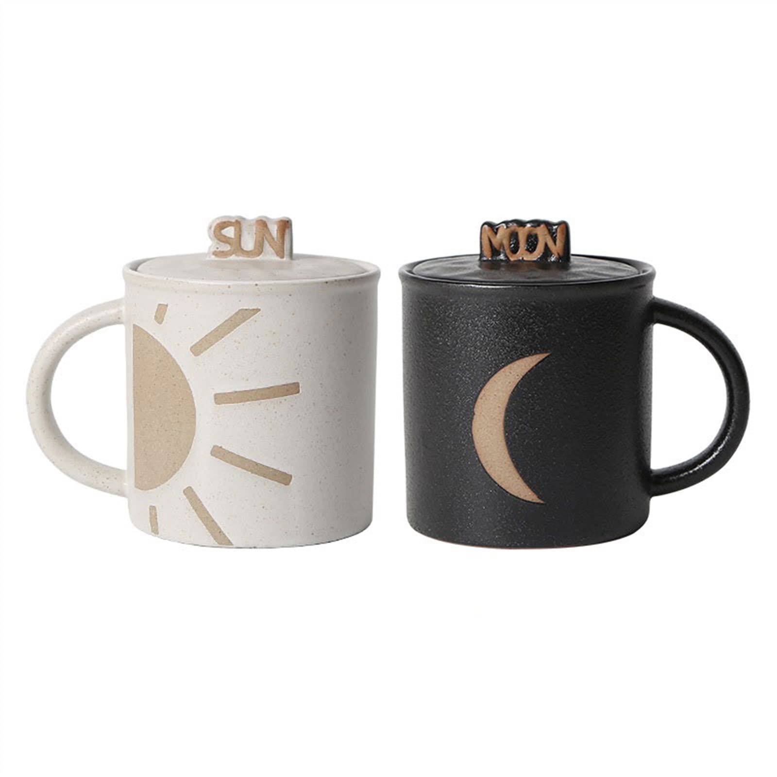 Becher Tassen 400 ml grobe Keramik-Wassertasse mit Deckel, Sonne-Mond-Muster, Haushalt, Paarbecher, Büro, gebrühte Kaffeetasse Kaffee-Trinkbecher (Color : Schwarz)