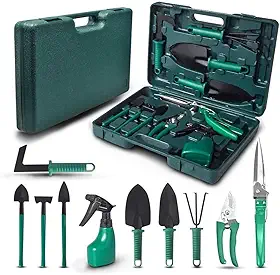 Kit de Jardinagem com 10 Peças e Maleta | Pás, Sacho, Tesoura, Foice e Mais | Ideal para Jardim, Horta e Vasos em Casa | Ferramentas Leves e Funcionais | Uso Profissional, Jardinagem Amadora ou Hobby
