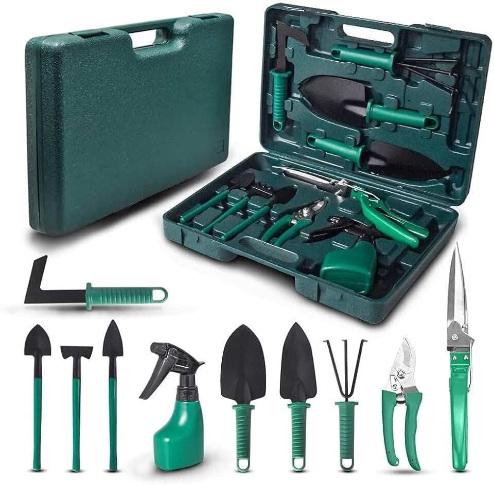 Kit de Jardinagem com 10 Peças e Maleta | Pás, Sacho, Tesoura, Foice e Mais | Ideal para Jardim, Horta e Vasos em Casa | Ferramentas Leves e Funcionais | Uso Profissional, Jardinagem Amadora ou Hobby