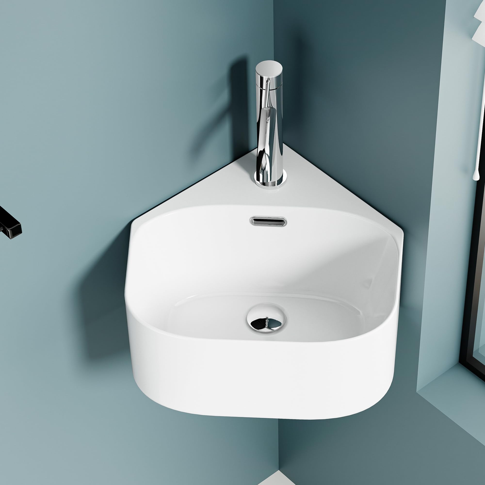 Lavaplas de esquina de cerámica blanca - Lavabo compacto y angular para espacios pequeños - Lavabo de diseño elegante y funcional - Ideal para baños o aseos - 40 x 43,5 x 16,5 cm