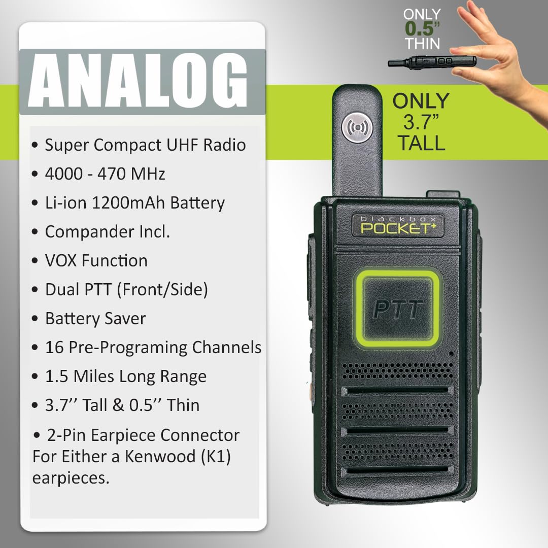 Blackbox Pocket+3G 2-Way UHF Radio; 400-470 mhz; 16 Channels; Scan Function; Battery Saver; Squelch Level Adjustment; Low Battery Warning; 1.5W Output; Large PTT Button; TX End Tone