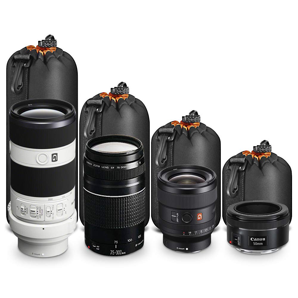 Funda Objetivo con Cordón Ajustable - 4 Fundas para Protección de Lentes - Compatible con Nikon, Canon, Tamron, Sigma, Olympus, Sony, Pentax y Más