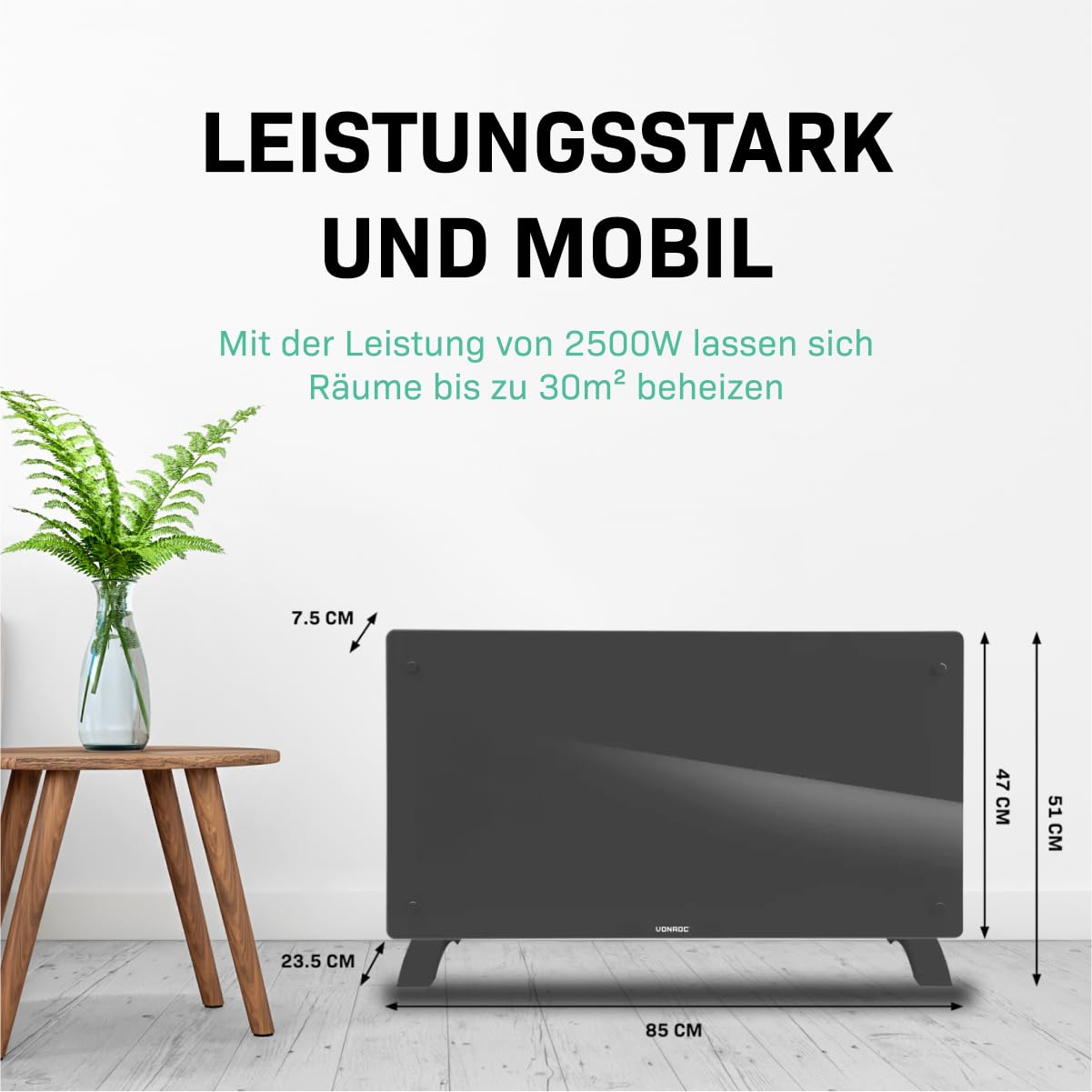 Vonroc Elektroheizung energiesparend 2500W - Konvektor Heizung [30qm Räume] | Mobile Elektrische Heizung [App/Touch Steuerung] - Heizkörper 2in1 Wand-/Bodenmontage - Grau