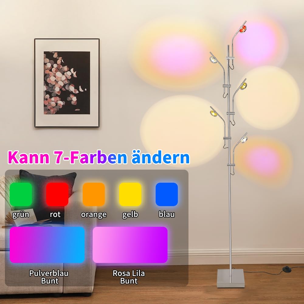 Lampadaire sur Pied Salon Projecteur RGB,Lampe sur Pied avec 5 Têtes d'éclairage Réglables,Lumière d'Ambiance LED Lampadaires 3000K,Lampe Coucher de Soleil avec Filtres de Couleur Interchangeables
