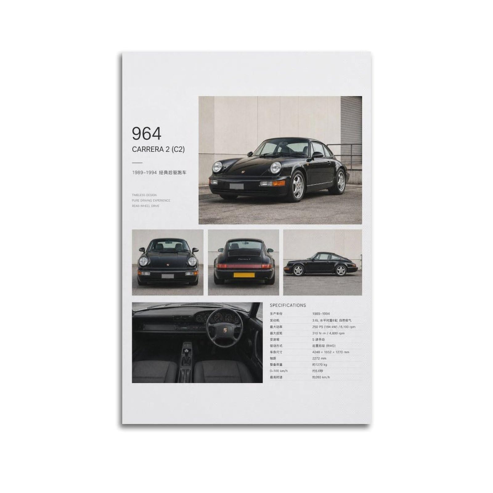 XKUGA Racing 911 Carrera 2 964 Poster German Supercar Heritage Modern Decorative Canvas Prints - Ideal Wall Art for Family, Man Cave, Game Room, Boys & Girls Bedroom 24x36inch(60x90cm)