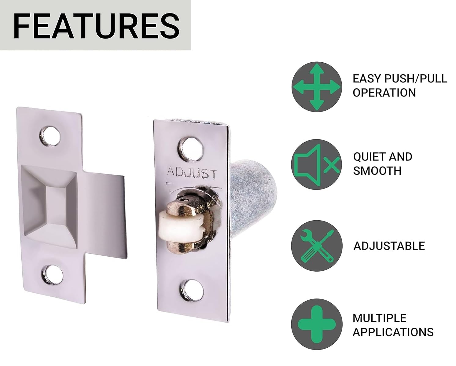 Pack of 2 Adjustable Roller Catch Spring Loaded Latch Lock for Internal Doors, Nickel - Image 2