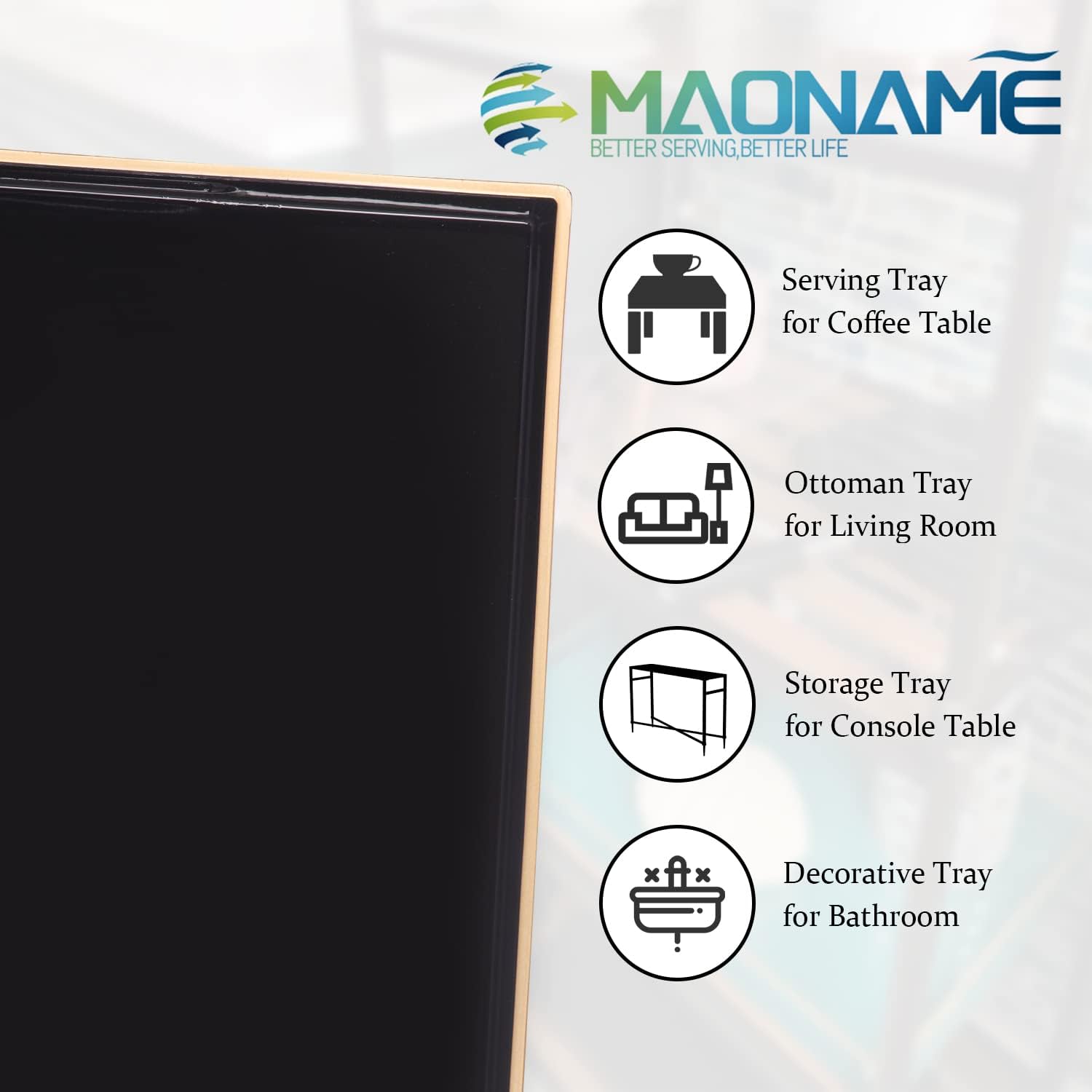 MAONAME Bandeja de servir negra con asas, bandeja decorativa rectangular, moderna bandeja de mesa de café, bandeja otomana de plástico para baño, decoración, 15.7 x 11.8 x 1.57 pulgadas