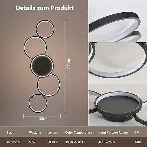 Miniatura 9 de Lámpara de techo LED inteligente para dormitorio, regulable compatible con Alexa Google Home, 5 anillos de lámparas de techo con control remoto,