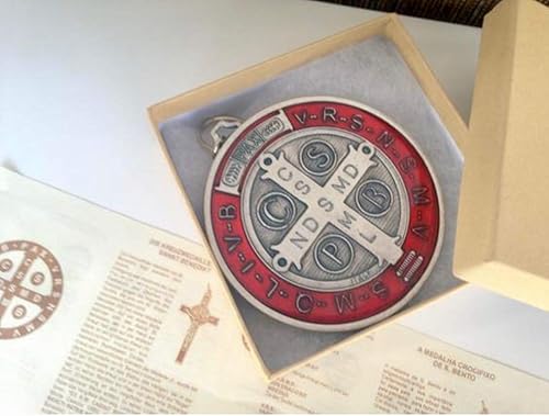 Miniatura 5 de Medalla de San Benito de 3 pulgadas con resina roja Acabado chapado en plata con tarjeta de oración tamaño billetera/Medalla de San Benito con