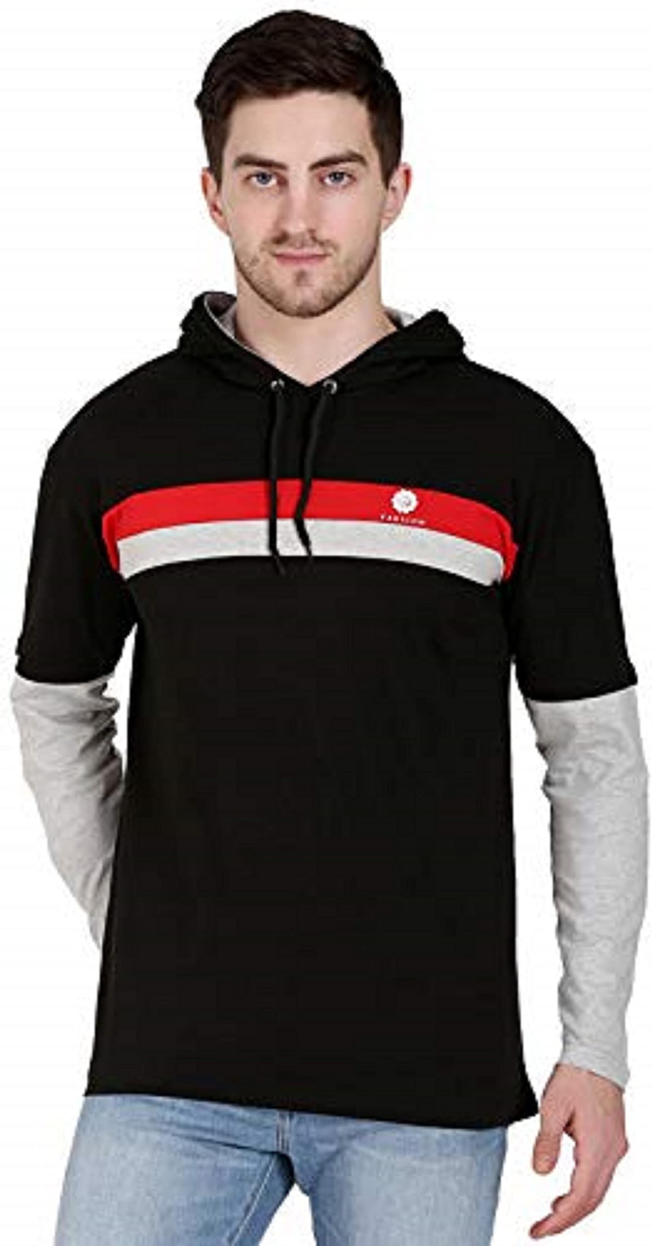 Men's Cotton Hoodie T-Shirt (Black) Mens Casual Cotton Lace Up Short Sleeve Retro Hoodie BY FARICON GARMENTS