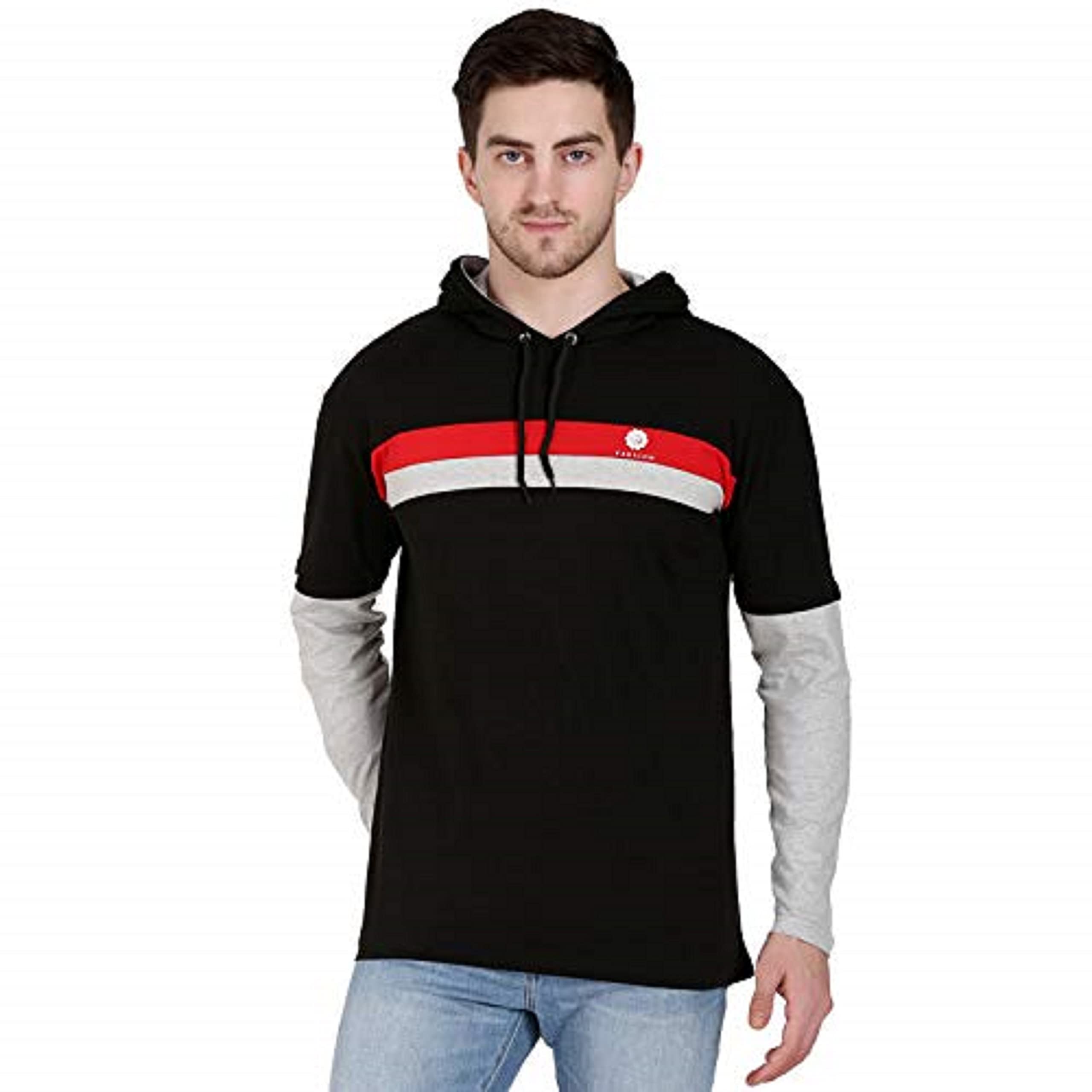 Men's Cotton Hoodie T-Shirt (Black) Mens Casual Cotton Lace Up Short Sleeve Retro Hoodie BY FARICON GARMENTS