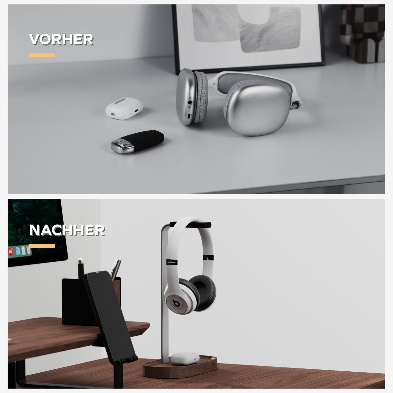 muso wood Kopfhörer Ständer Universal aus Walnussholz und Aluminium Stabil Kopfhörerhalter Kopfhörerständer Gaming Kopfhörer Halter Headset Halterung mit Kabelhalter Holz