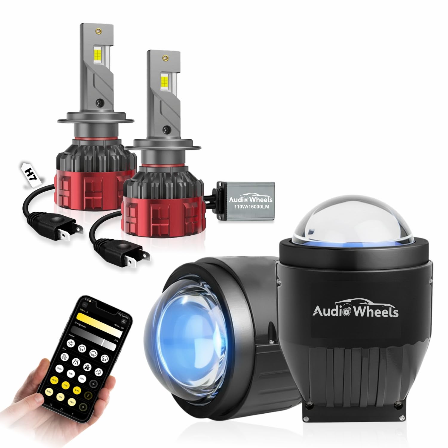 Audio Wheels Car Lighting Combo - H7/H18 LED Headlight 110W 16000LM 6000K Cool White + 3 Inch LED Projector Fog Lamp 200W, (3000-6500K Ajdustable Color Temperature, App Control) 15000LM, IP68-image-24