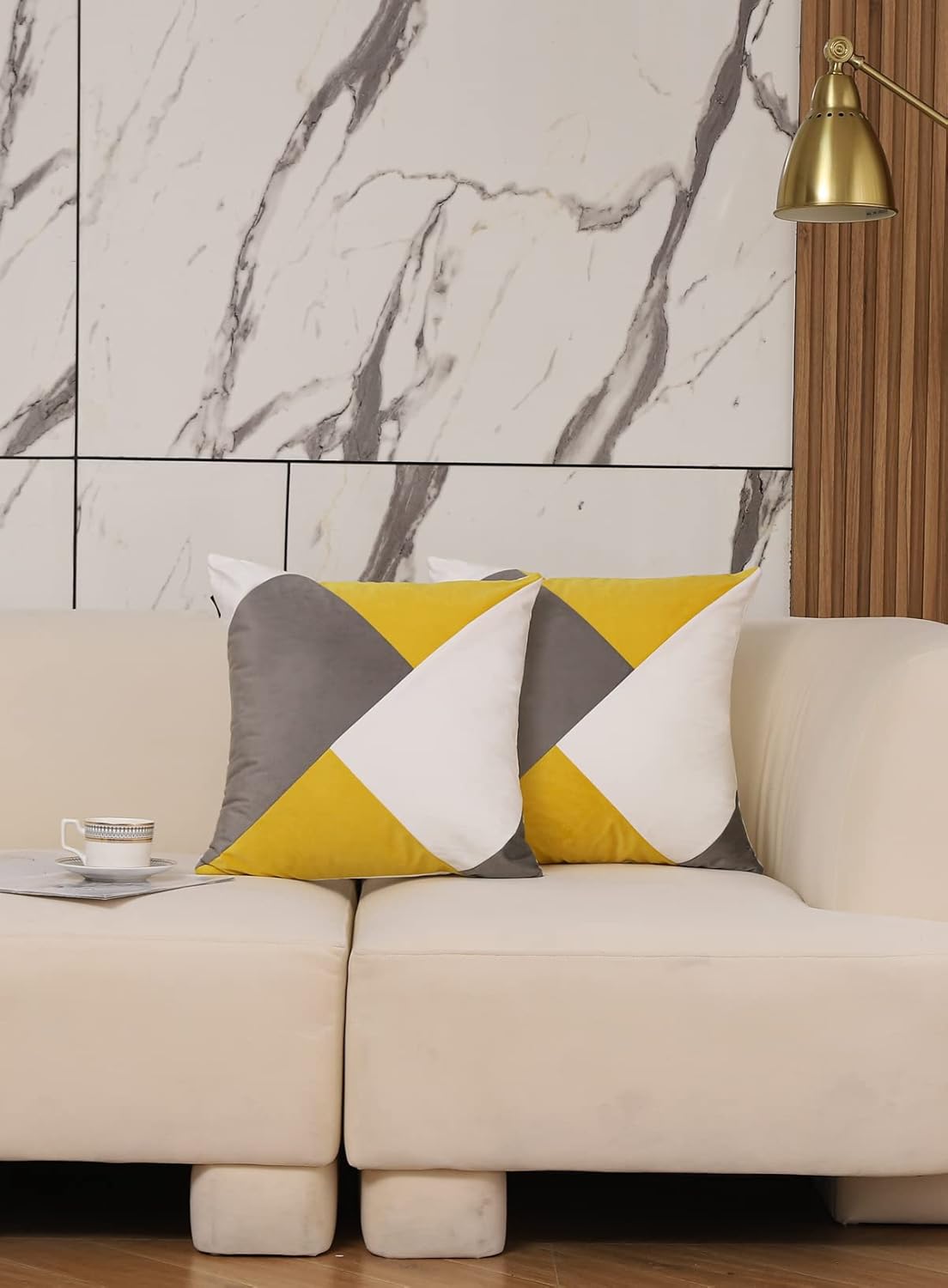 Set of 2 Decorative Geometric Throw Pillow Covers 18x18 Patchwork Yellow Grey Velvet Square Pillow Cases for Sofa Couch Bed Home Decor Outdoor (Grey/Yellow)