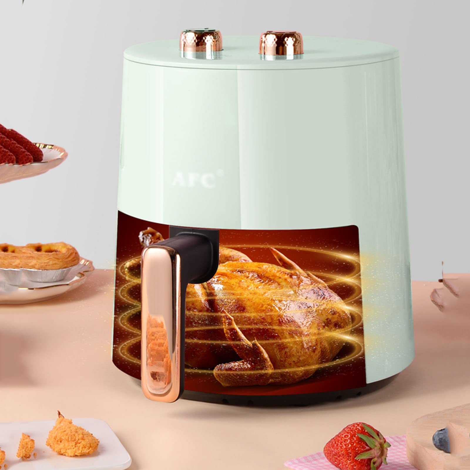 Frytkownica beztłuszczowa do użytku domowego Frytkownica beztłuszczowa 3,7 l Frytkownica beztłuszczowa, lekka, z podwójnym pokrętłem [Klasa energetyczna A+++] (Kolor: różowy, rozmiar: 3,7 l) Podwójny