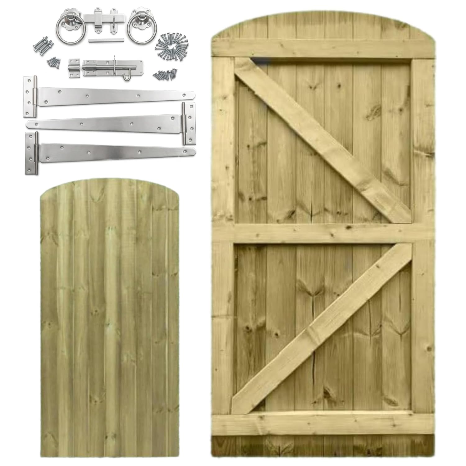 Wooden Featheredge Dome Pedestrian Garden Gate with Heavy Duty Hardware Kit | 18" Strap Hinges, Ring Handle, Brenton Bolt & Latch Set (180cm High x 99cm Wide x 4.5cm Deep, With Silver Hardware Kit)