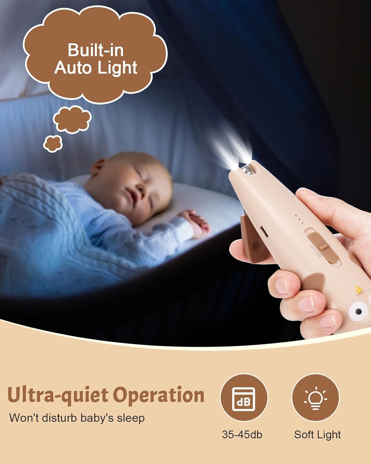 Lictin Baby Nagelfeile Elektrisch, Elektrische Nagelfeile mit 6 Schleifkopf, 26 in 1 Baby Nagelset mit LED Licht, Nagelpflegeset Elektrisch für Babys, Kleinkind, Erwachsene, USB Laden, Braun