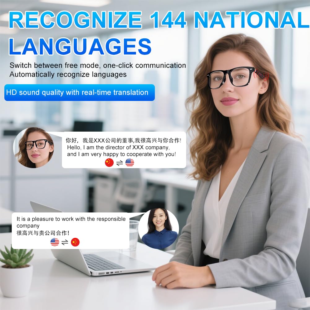 Lunettes intelligentes, AI Bluetooth, lunettes de traduction AI 144 langues, prise en charge des appels audio Bluetooth 5.4, dialogue, écoute de chansons, lentille de protection UV