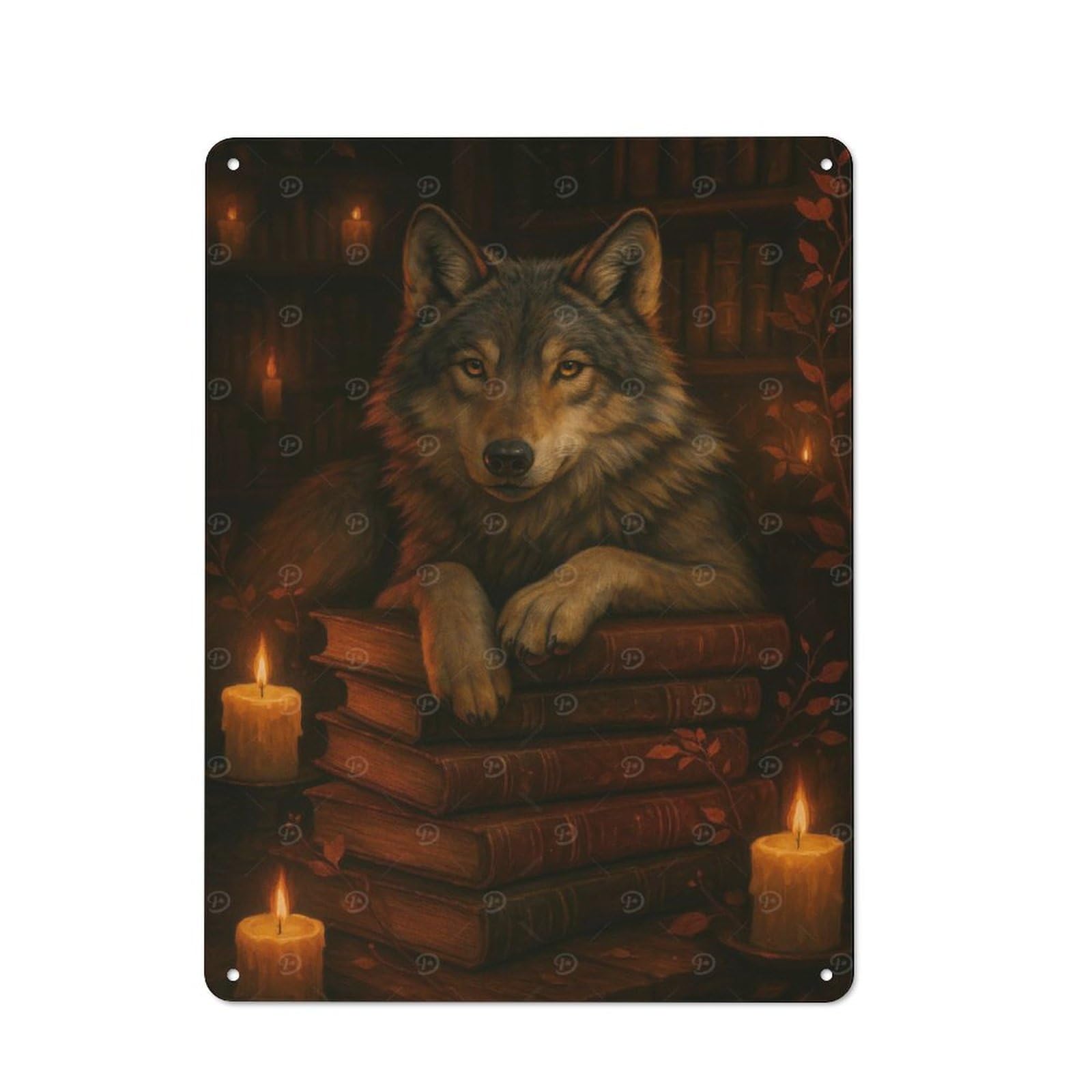 Junmoney Style-15 Tin Wall Plaque 40X30cm With Wolf Resting On Books With Candles For Workshop Wall, Housewarming Wall Decor For People Furnishing Workshop