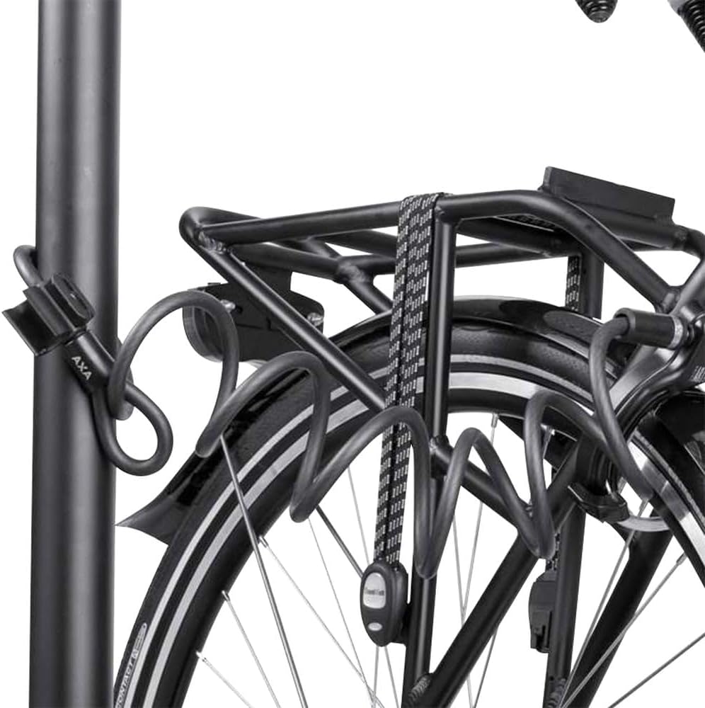 AXA Solid Plus lock installed on a bicycle, secured to a pole with the plug-in cable