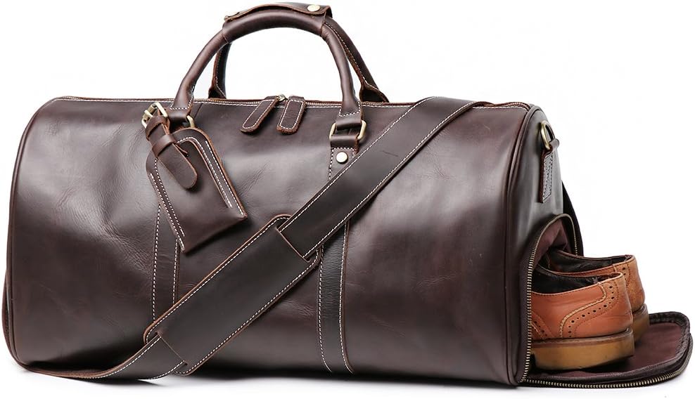 Leather Travel Luggage Bag With Side Pocket, Mens Duffle Retro Carry on Handbag (Dark Brown)