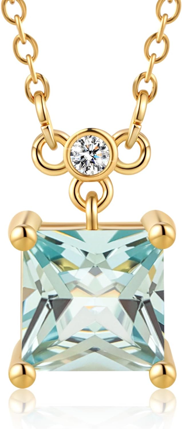 18K Gold-Plated Birthstone Necklace for Women, 5A Princess Square Cubic Zirconia Pendant, Birthday Anniversary Valentine's Gifts for Her, 18-20 Inches