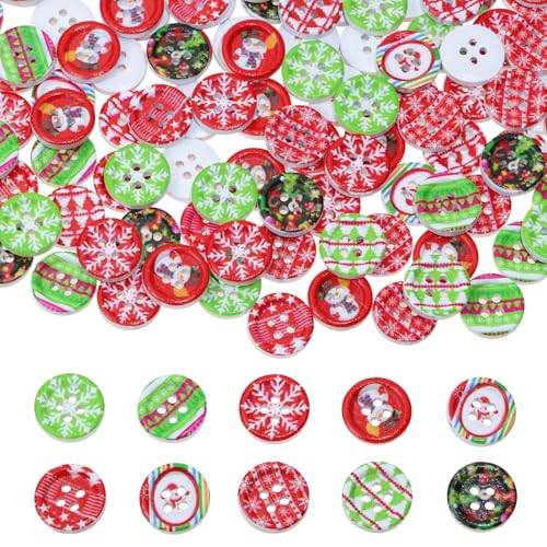Christmas Wooden Buttons Penta Angel 100Pcs 4 Holes Assorted Color & Pattern Flatback Sewing Buttons for Craft DIY Xmas Decoration (Mixed Color 15mm)