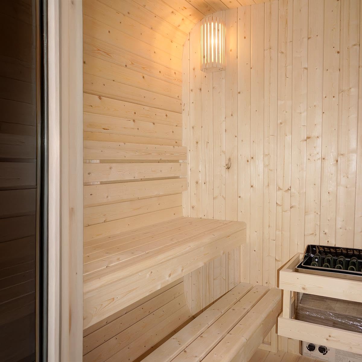Outdoor Cubesauna Holz Sauna Finnland 228x180 cm – Gartensauna Komplett Set für 6 Personen mit 9 kW Saunaofen, LED Licht, Saunazubehör & Bitumen Dachschindeln