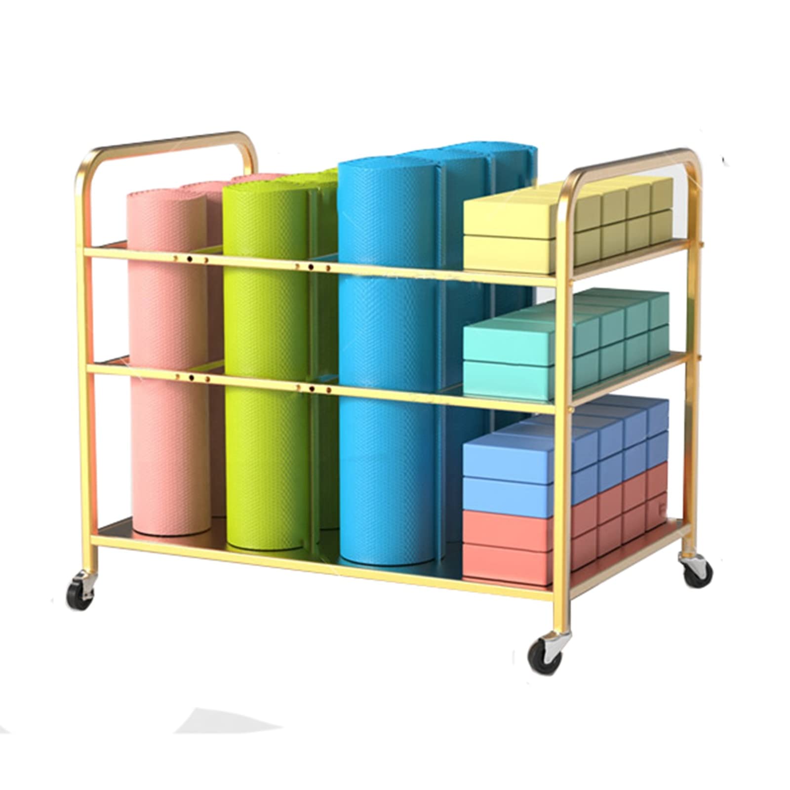 Trolley Metal Yoga Mat Storage Rack with Lockable Wheels Large Capacity Rolling Mats Cart for Home Gym Studio Gold