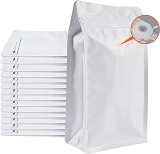 Coffee Bags with Valve (50 PCS,32oz/2lb) White High Barrier Aluminum Foil Flat Bottom Standing Coffee Beans Storage Packaging Bags, Reusable Heat Seal Side Zipper Pouches for Small Business and Home