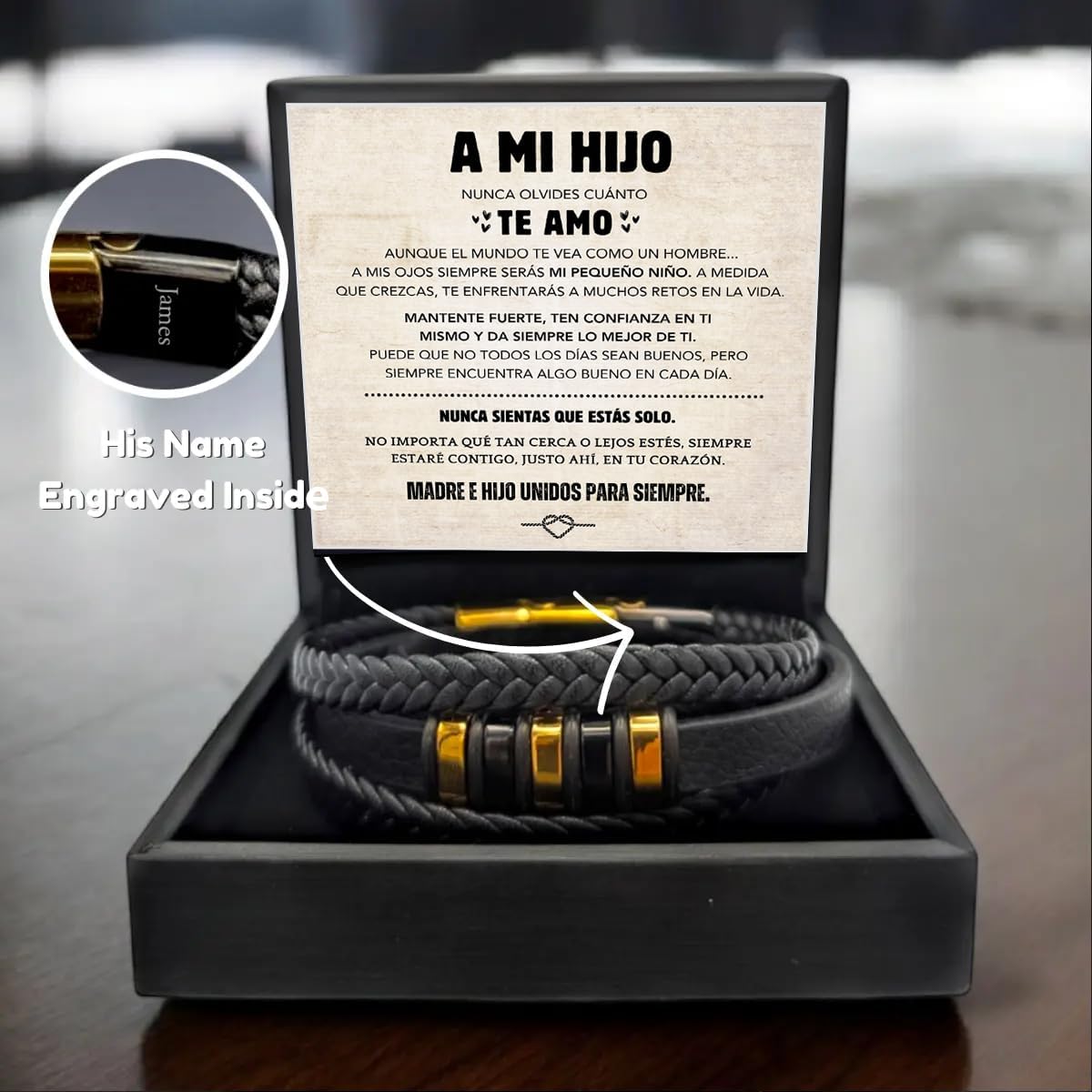 Spanish Card,TO MY SON Customize Name Braided Leather Bracelet With Gift Box, Men's Stainless Braided Leather Bracelet Bangle Wristband,Inspirational Birthday,Christmas Gift (Spanish TO MY SON 06)