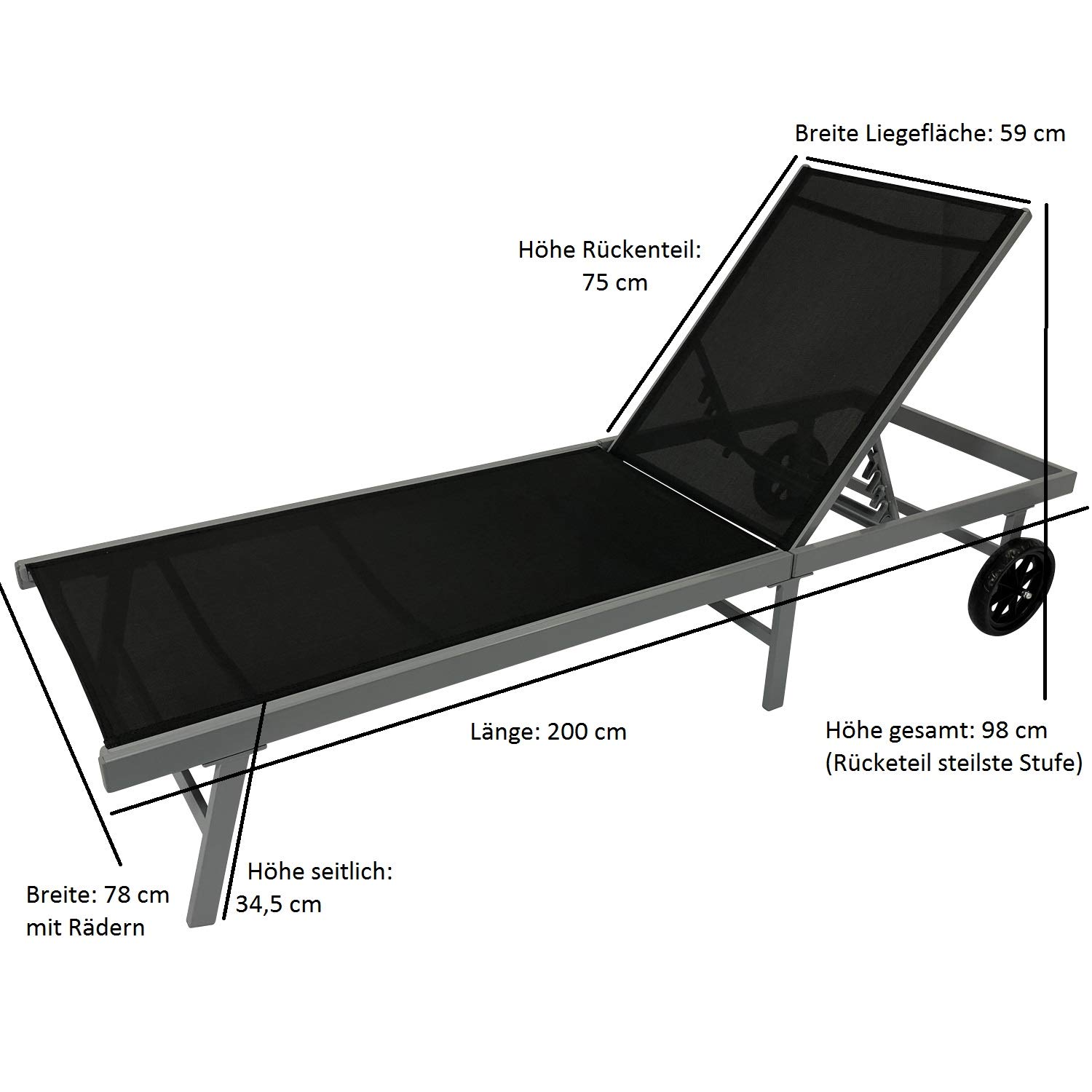 DEGAMO Gartenliege Rollenliege Ostia 200cm, Aluminium Silbergrau + Kunstgewebe schwarz wetterfest, Rückenteil 5-Fach verstellbar, Outdoor