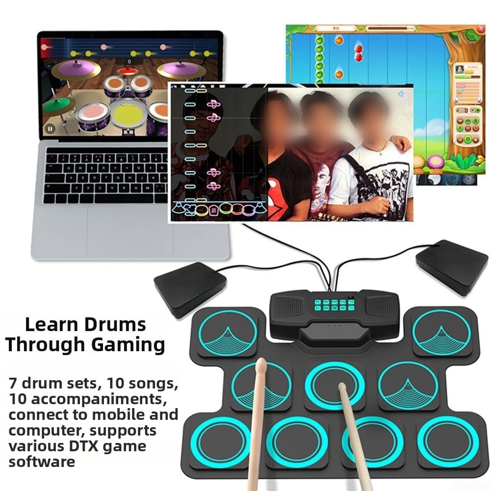 Schlagzeug Elektronisch with 9 Pads, Elektronisches Schlagzeug-Set Roll Up Leises Drum-Pad mit eingebautem Lautsprecher, mit 2 Fußpedalen & USB für Kinder und Anfänger